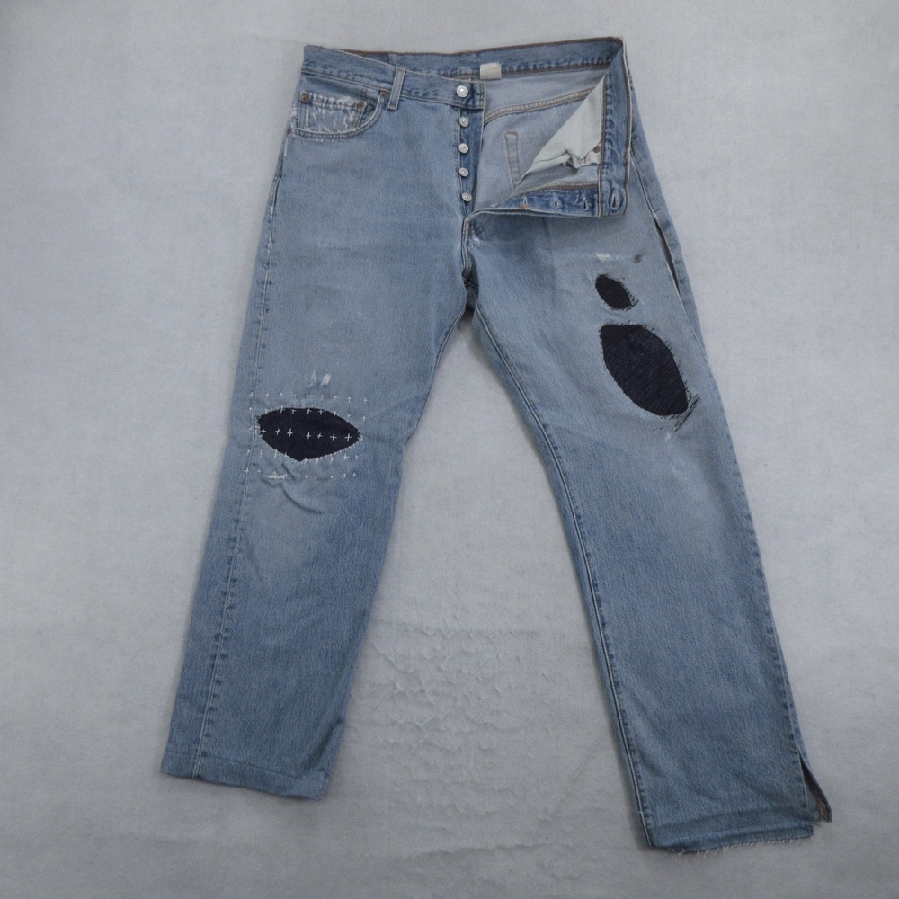 Levi's Men's Jeans Size 36 Straight 501 Blue Button Fly Patched Y2K Slit Thrash